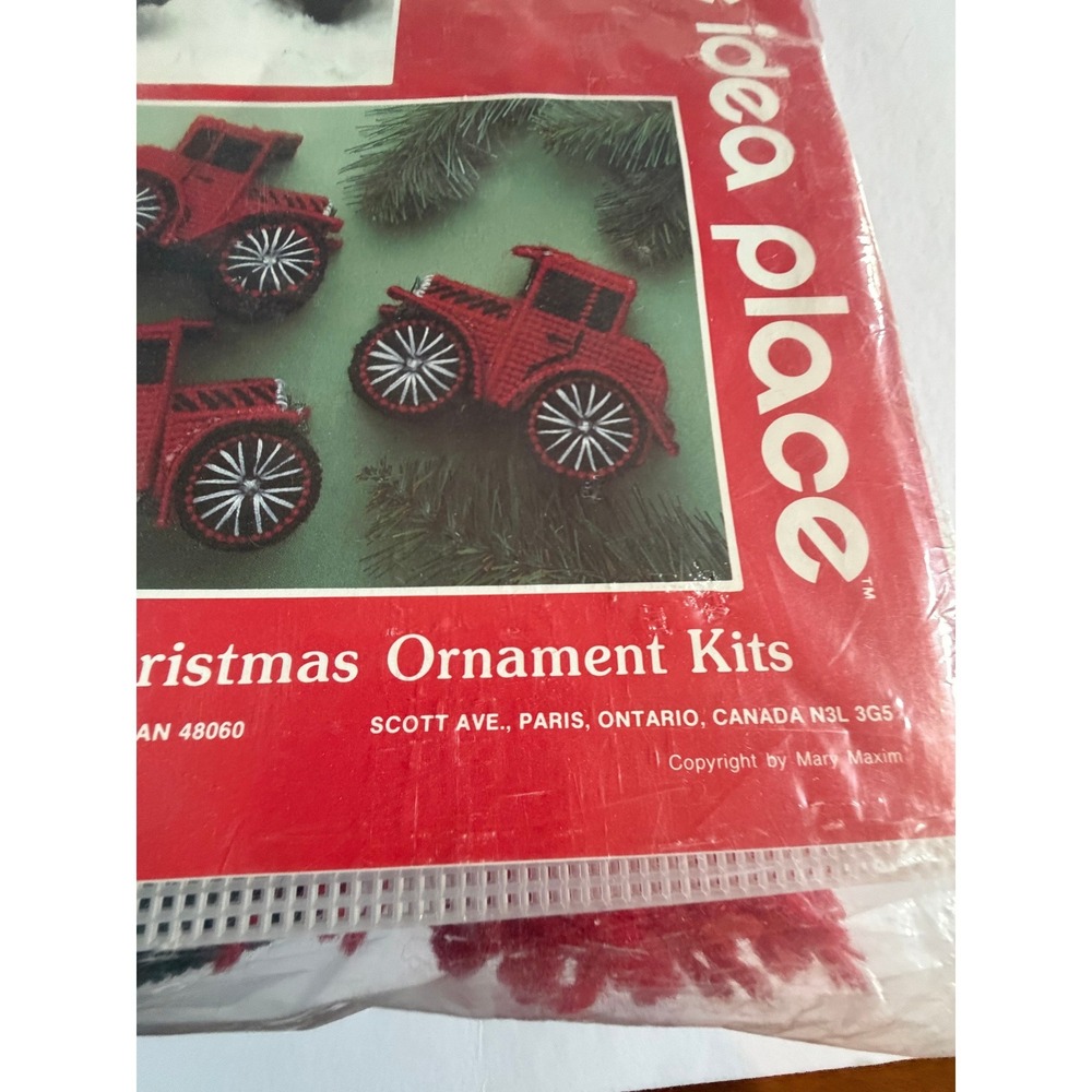 VTG Plastic Needlepoint Old Time Cars Christmas Ornament Kit Mary Maxim Xmas DIY